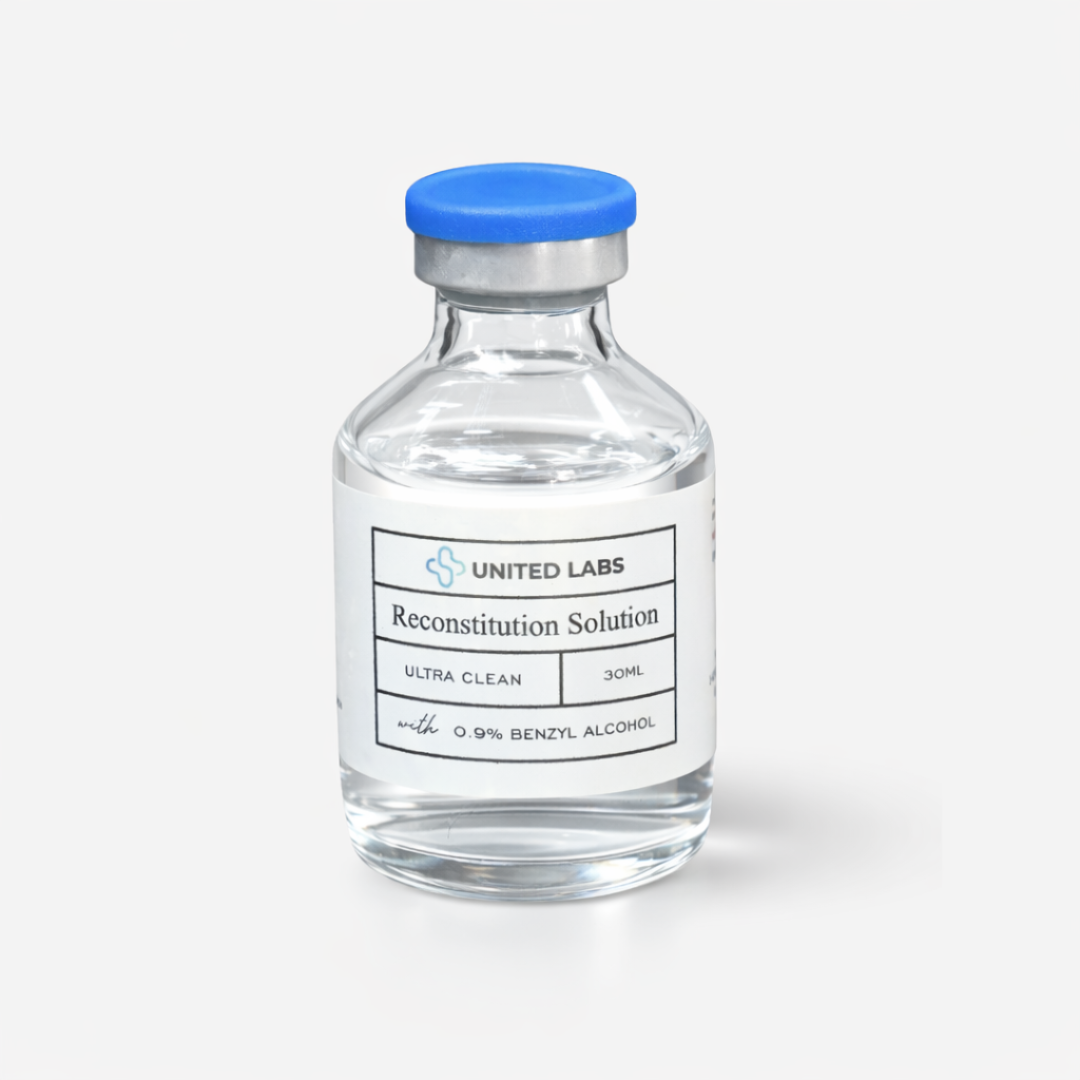 30 ml Reconstitution Solution (BAC Water) in a glass vial with blue cap, made in USA, featuring 0.9% benzyl alcohol.