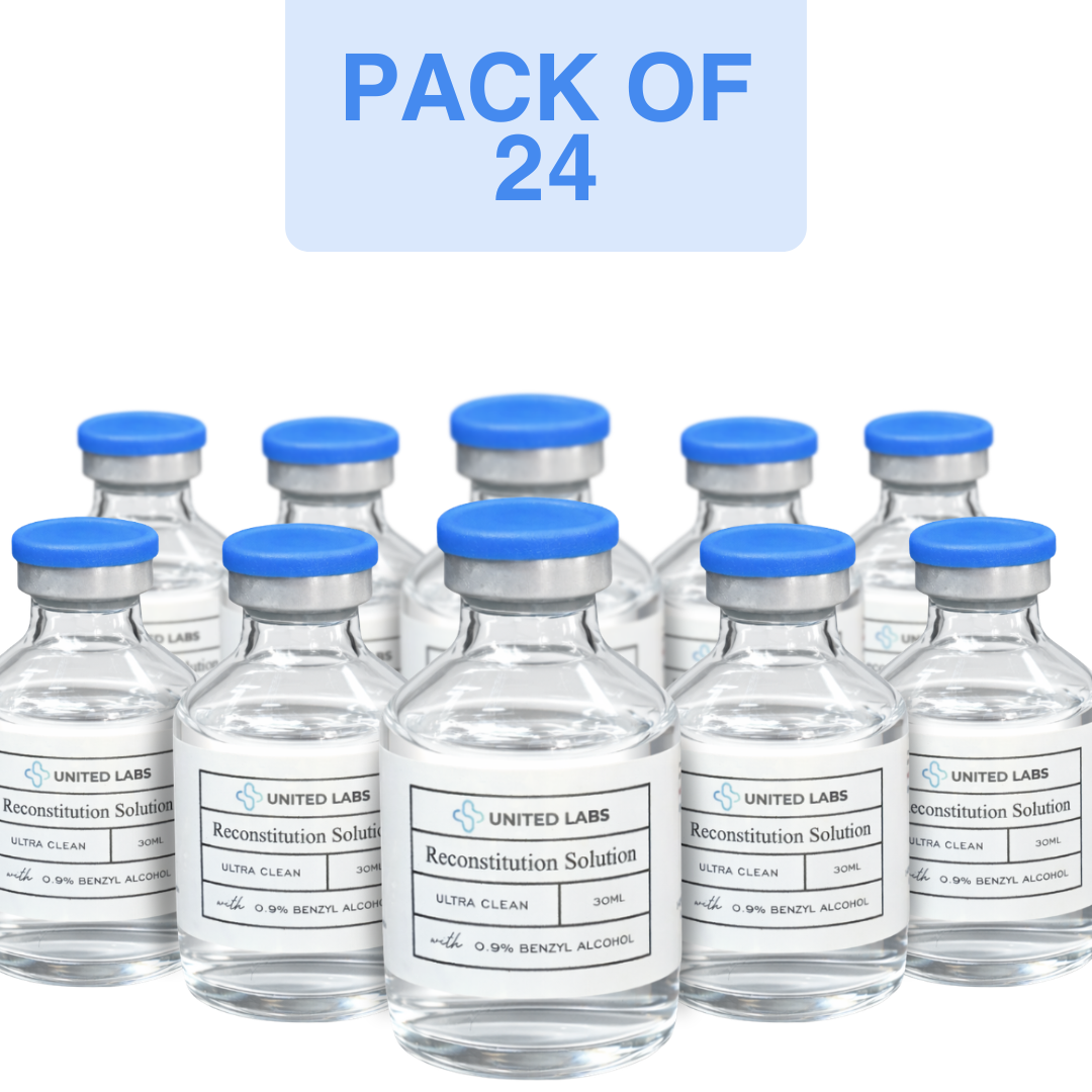 Pack of 24 glass vials of Reconstitution Solution from United Labs, ultra clean, 30 ml each.