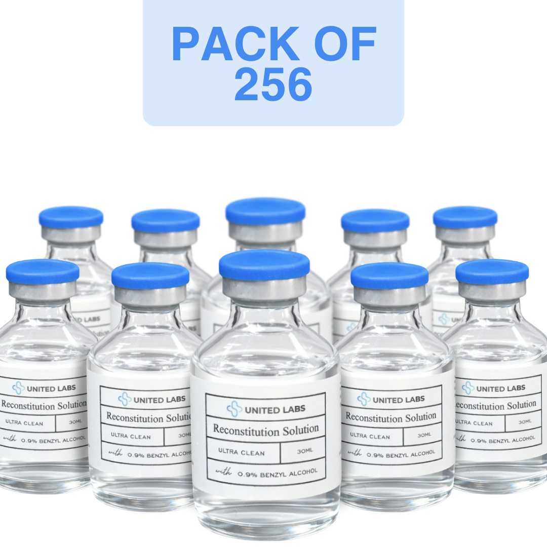 Pack of 256 glass vials featuring Reconstitution Solution for effective preparation, made in the USA.