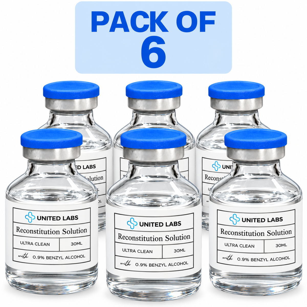 Six small glass vials of United Labs bac water with blue caps arranged in two rows, with a light blue badge at the top reading 'PACK OF 6'.