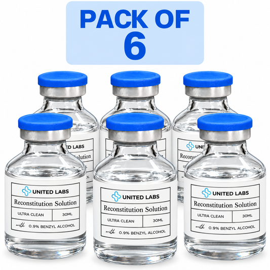 Six small glass vials of United Labs bac water with blue caps arranged in two rows, with a light blue badge at the top reading 'PACK OF 6'.
