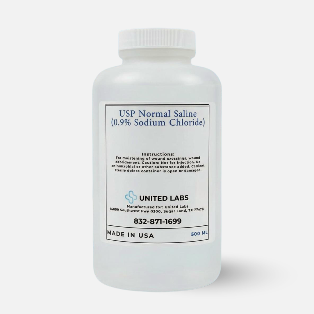 Sterile Saline Solution (0.9% Sodium Chloride) bottle, 500 mL, made in USA, ideal for wound care and rinsing.