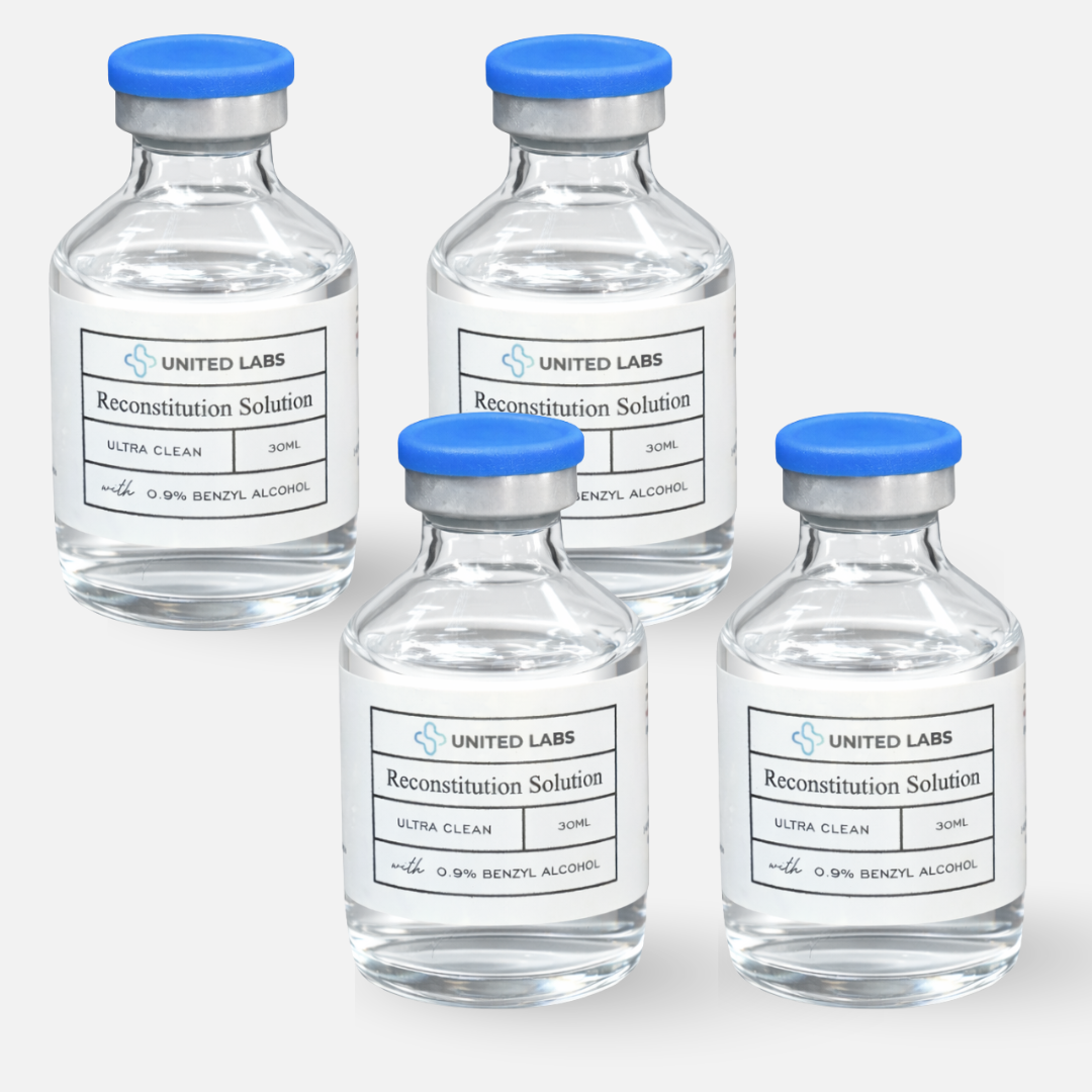 Set of 4 glass vials of BAC Water reconstitution solution, labeled for laboratory use, 30 mL each.